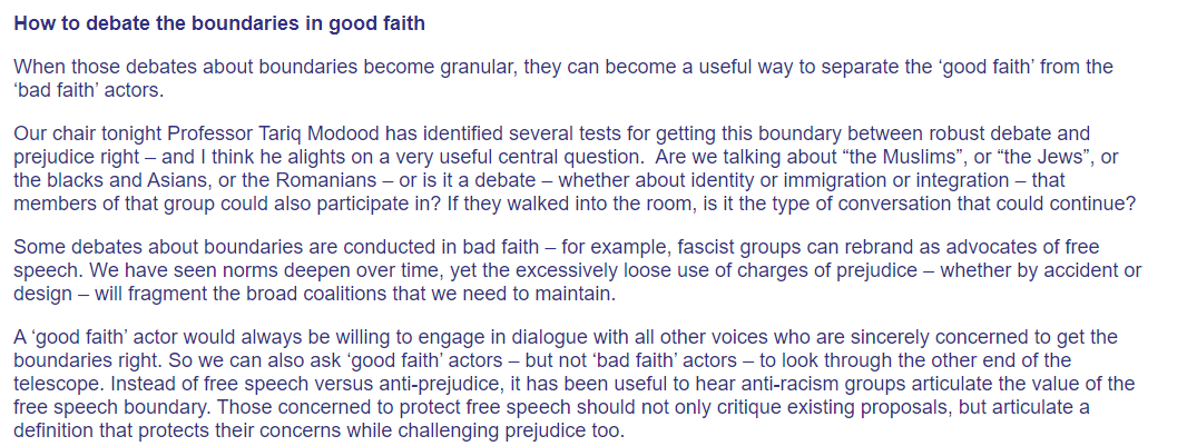 Attempting to have this boundaries conversation is also an effective practical way to differentiate good faith from bad faith actors in debates about free expression, prejudice and hate speech. https://www.britishfuture.org/articles/...