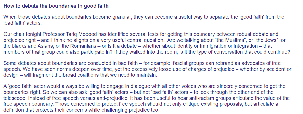 Attempting to have this boundaries conversation is also an effective practical way to differentiate good faith from bad faith actors in debates about free expression, prejudice and hate speech. http://www.britishfuture.org/articles/tackle-prejudice-polarised-times/