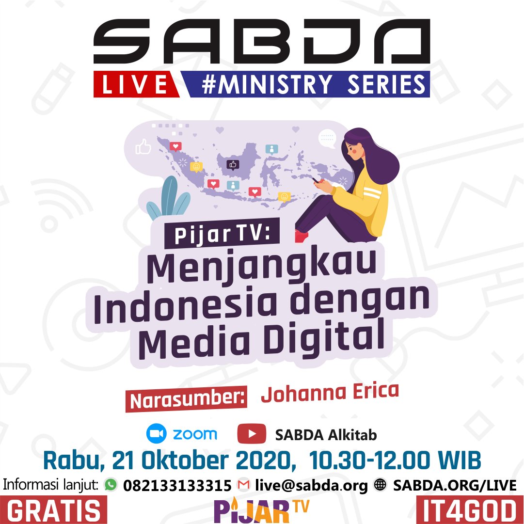_ayo_pa's tweet photo. Melalui materi berjudul "Menjangkau Indonesia dengan Media Digital" yang akan dibawakan oleh Ibu Johanna Erica, mari kita perdalam wawasan tentang visi dan misi Pijar TV dalam melakukan pelayanan melalui media penyiaran!

Daftar ke
WA: 082133133315
Email: live@sabda.org https://t.co/nAc0F8eKtH