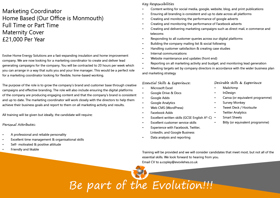 Evolve_HES's tweet photo. #JobOpportunity Now looking for a part time / full time Marketing Coordinator for maternity cover. The role is homebased. Please send CV's to a.copley@evolvehes.co.uk https://t.co/MYwSb2jm2c