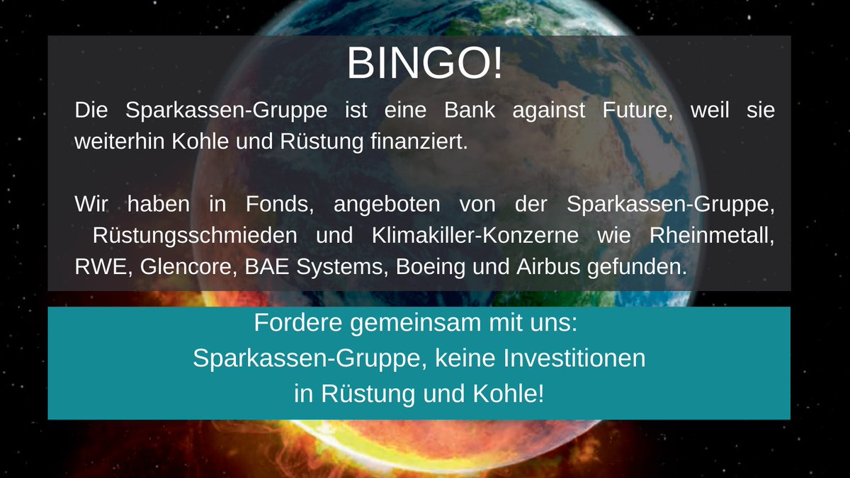 urgewald's tweet photo. Mit ihren Investitionen in Kohleindustrie &amp; Waffenexporteure setzt die Sparkassen-Gruppe die Zukunft aufs Spiel. Schluss damit! Wir brauchen Investitionen in saubere Energie, Klimagerechtigkeit &amp; Solidarität. Kurz: Wir brauchen #banksforfuture. [2/3] https://t.co/7f0a7FVGL8