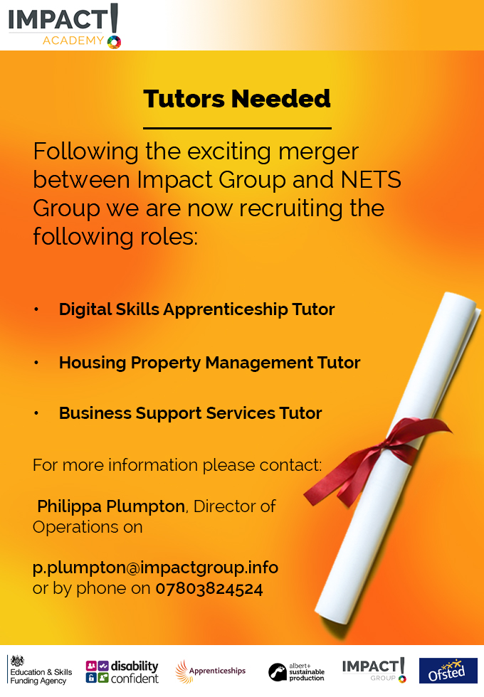 We have some exciting opportunities within our Apprenticeships Team here at Impact Academy. If you are interested in any of our current vacancies, please get in touch.

We look forward to hearing from you!!!

#academy #tutors #learning #skills #timetoact #newfuture #apprentice