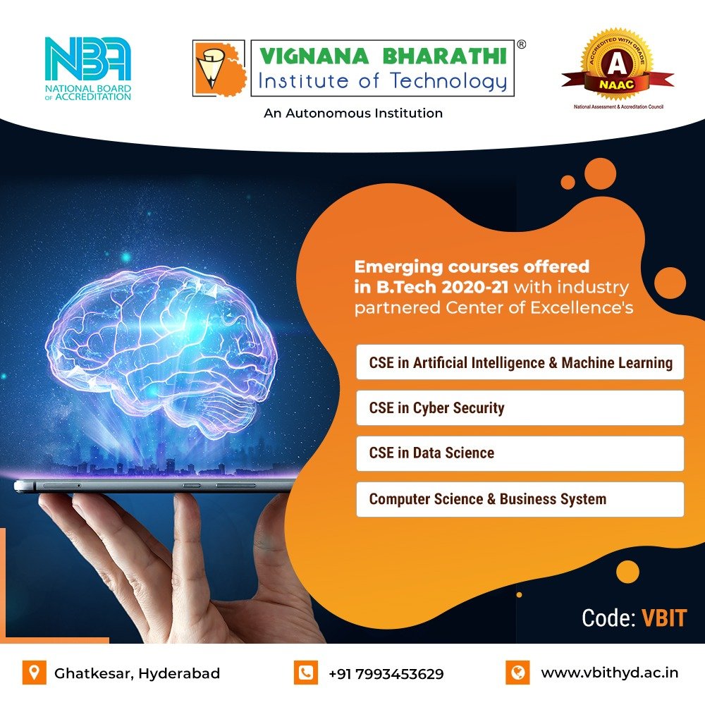 VBITHYD's tweet photo. Get future ready with our emerging courses offered in https://t.co/1fbigGUl1y 2020-21 with industry partnered Center of Excellence's.
Visit us: https://t.co/3hsU02TxAG
#BTech #CSE #EmergingCourses #ArtificialIntelligenceandMachineLearning 
#CyberSecurity #DataScience #CSBS #VBIT https://t.co/UaLRyXUHF2