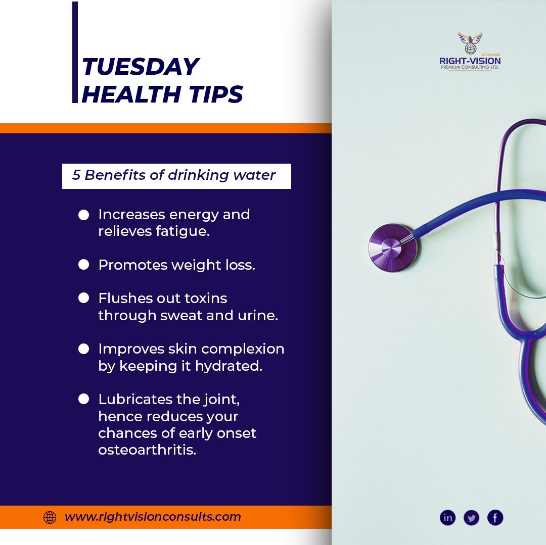 PremiumRight's tweet photo. #TuesdayHealthTips
5 Benefits of drinking water.
Did you know that men need about 3.7 liters of water daily which is equivalent to 10 satchet water, and women need 2.7 liters of water which is equivalent to 7 satchet water daily, to stay hydrated?
#RightVisionConsults
#EndSARS https://t.co/j6mFb9wPsP