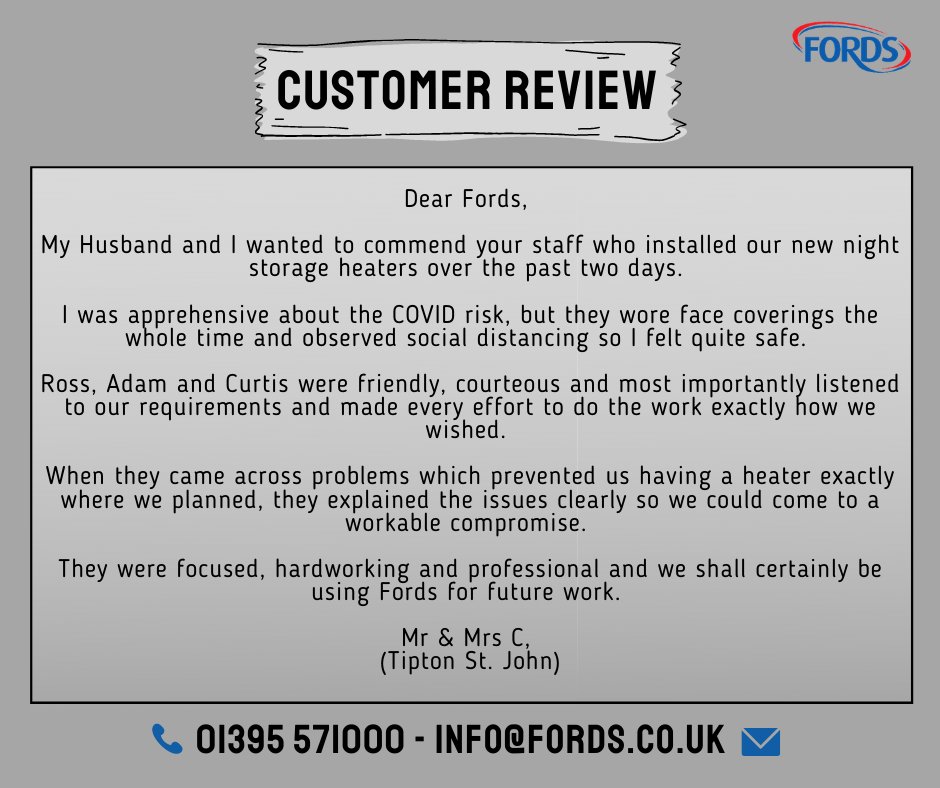 Another great review from one of our customers! 😊

We are doing everything we can to keep your staff and customers safe during the pandemic. For any more information, don't hesitate to give us a call! 📱

#sidmouth #happycustomer #dimplexheating