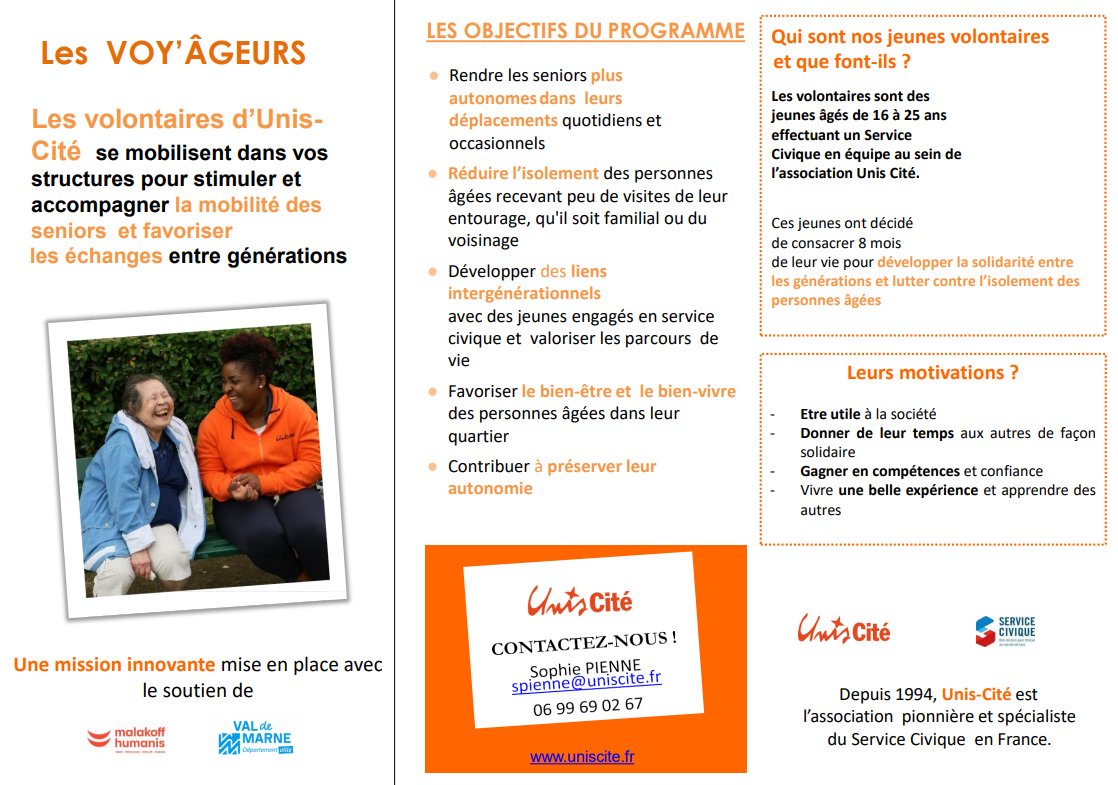 L’antenne @valdemarne_94 de l’association @uniscite est à la recherche de structures souhaitant accueillir des #volontaires pour un service #civique auprès des #seniors du département. Il s’agit du programme #intergénérationnel « Voy’âgeurs » Toutes les informations ici 👇 https://t.co/j2KMqH3Eko