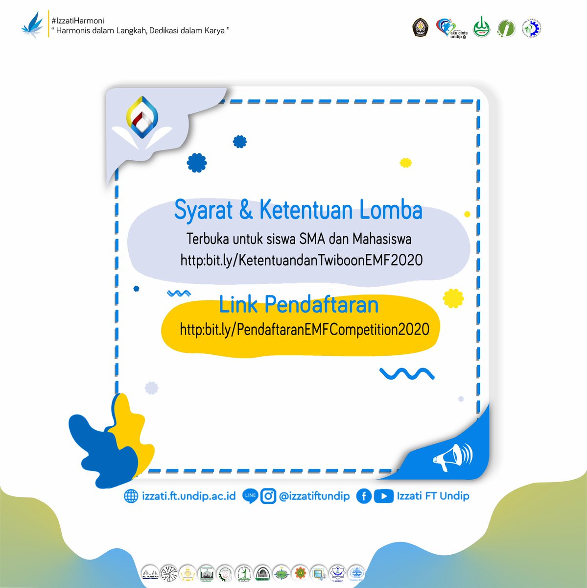 [PENDAFTARAN EMF COMPETITION 2020 DIPERPANJANG!!]

Assalamualaikum Warahmatullahi Wabarakatuh 🙂😇

Waah, masyaAllah banget nih, Yang kalian tunggu-tunggu sudah hadir, lho. Yups Engineering Muslim Fair (EMF) 2020 sudah resmi dibuka. 🎊

#IzzatiFTUndip
#IzzatiGen26
#IzzatiHarmoni