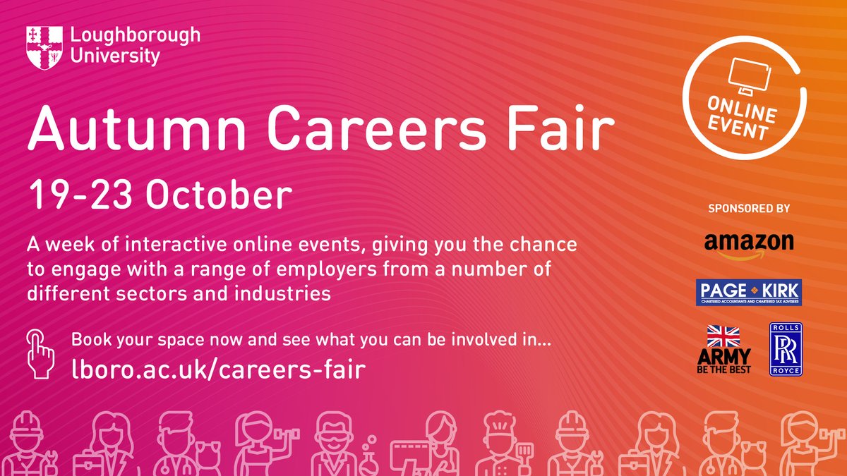 Our Autumn Careers Fair is taking place this week as an online event. 

It will provide you with the chance to engage with a range of employers, and will include Presentations, Q&amp;As and 1:1 chats with some of the leading businesses.

Book your place 👉 bit.ly/2T7bW52
