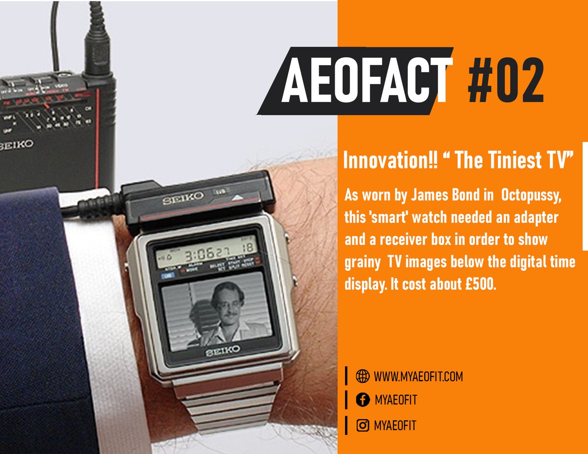 myaeofit's tweet photo. Licensed to kill !! Bond does it with futuristic gadgets and the latest cars. While we are opening up to the possibility of live streaming on our wrists now, Bond did it way back in 1983.
#funfact #trivia #smartwatch #gadgets #gadgetlife #aeofit #myaeofit #fitness #fitindia https://t.co/iKe9ABR7xn