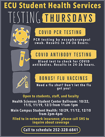 BSOM Faculty Affairs and Leadership Dev (@ecu_bsom_facdev) on Twitter photo COVID TESTING & FLU VACCINES: The first student, staff, and faculty testing will be this Thursday, October 22, 2020, from 11am-1pm on the Health Sciences Campus. To schedule an appointment call: 252-328-6841!🦠💉👩🏽⚕️
<a href="/ECUBrodySOM/">ECU Brody School of Medicine</a> <a href="/ECUOFE/">ECU Office For Faculty Excellence</a> COVID TESTING & FLU VACCINES: The first student, staff, and faculty testing will be this Thursday, October 22, 2020, from 11am-1pm on the Health Sciences Campus. To schedule an appointment call: 252-328-6841!🦠💉👩🏽⚕️
<a href="/ECUBrodySOM/">ECU Brody School of Medicine</a> <a href="/ECUOFE/">ECU Office For Faculty Excellence</a>