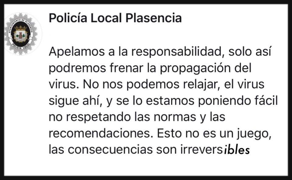 Nos unimos a la petición de la <a href="/PLPlasencia/">Policía Local Plasencia</a>. Por favor, esto es una cuestión de sociedad, de lo que TÚ hagas, dependemos TOD@S, así pues, cuidamos de NOSOTR@S y cuidamos de la CIUDADANÍA.