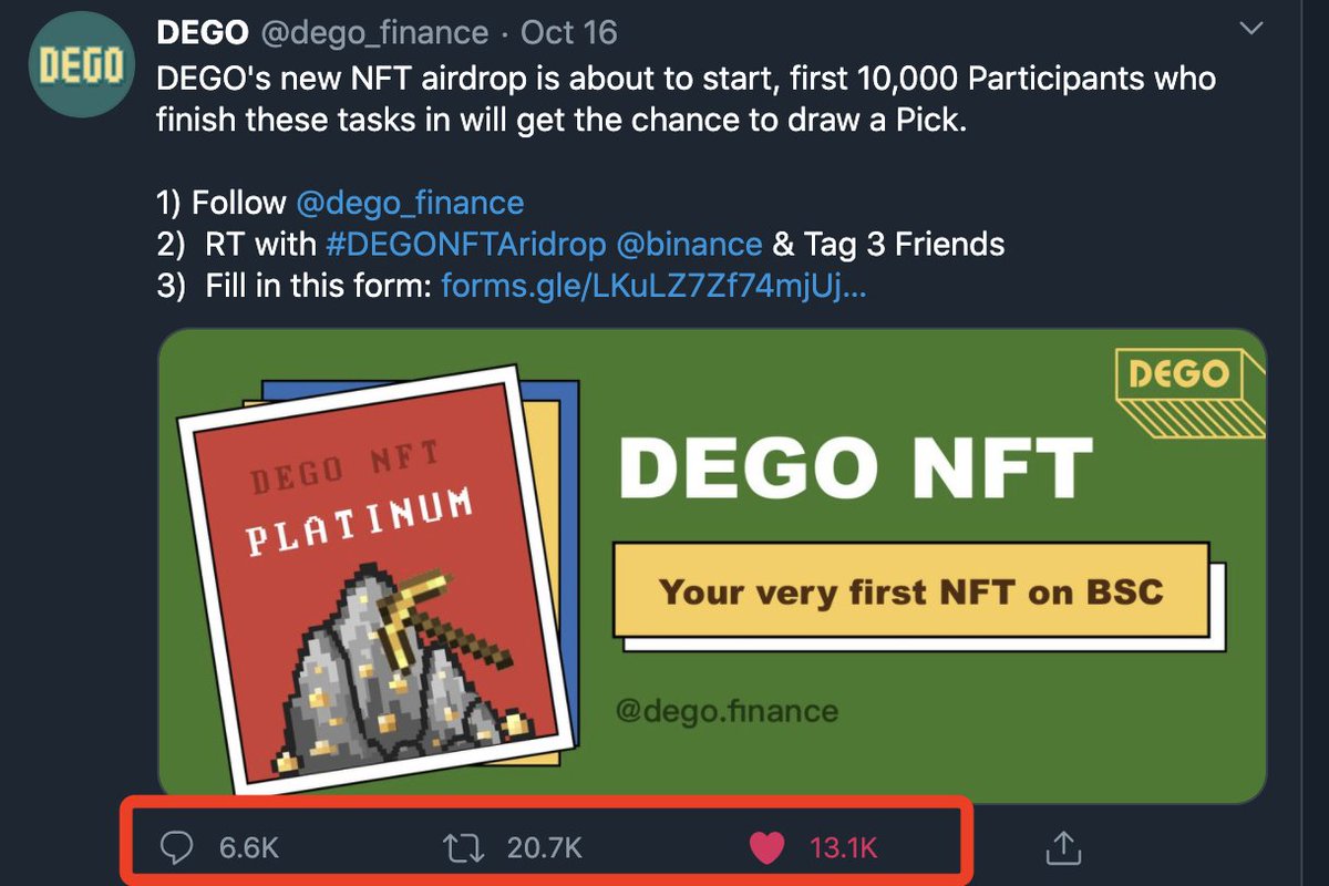 dego_finance's tweet photo. DEGO NFT Mining LAUNCHED on BSC! The campaign retweets over 20.7K generating 70k+ addresses and 60k+txns. NFT Market txns exceeds 22K and 10K+NFTs staked for Mining. We are grateful to BSC technical support. #BinanceSmartChain https://t.co/22AxsXmepx
