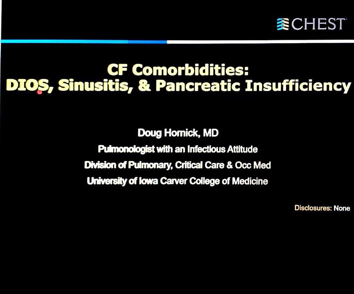 Next up is Dr. Doug Hornick talking in "CF Comorbidities: DIOS, Sinusitis, and Pancreatic Insufficiency”!   #CHEST2020