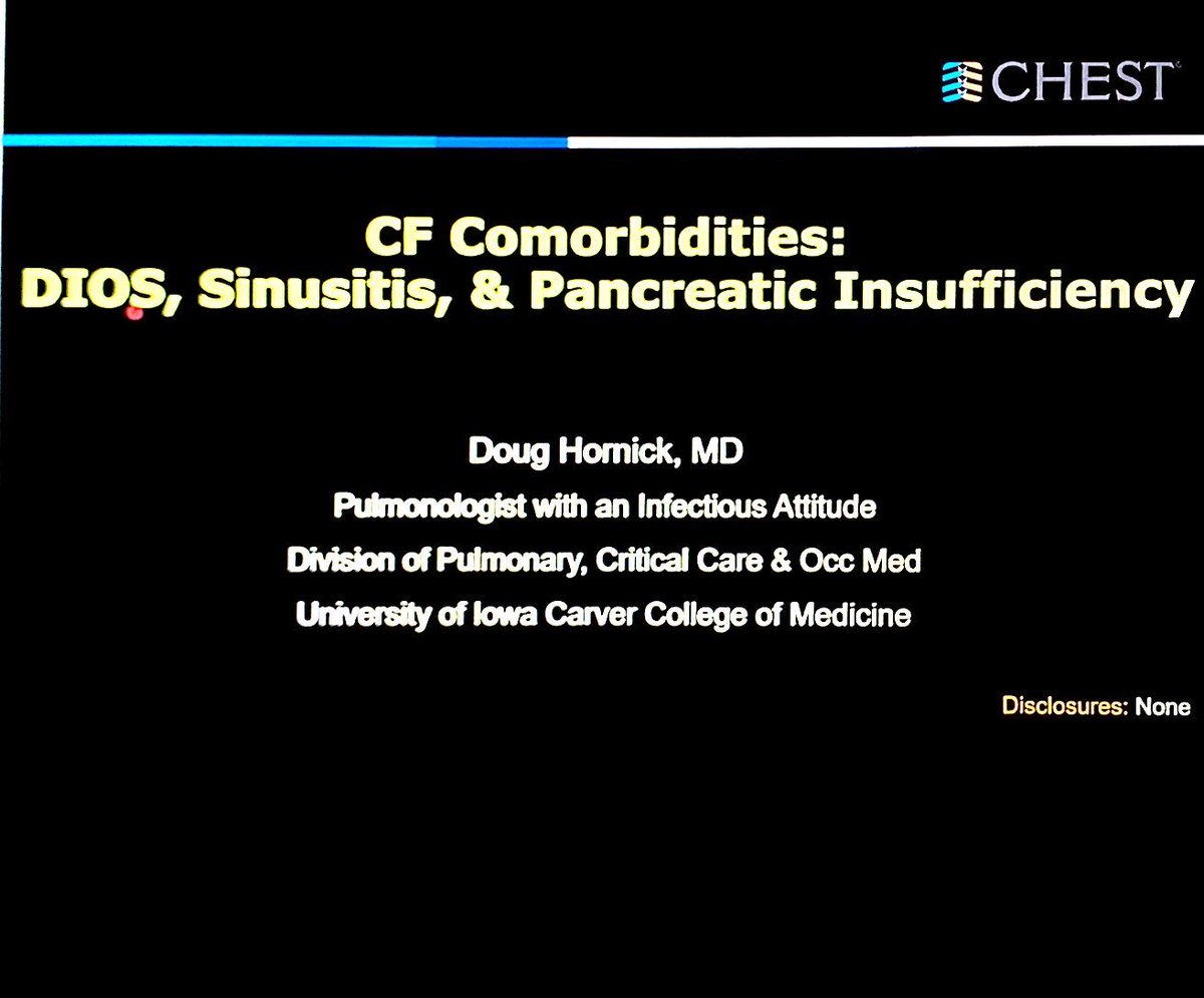 Next up is Dr. Doug Hornick talking in "CF Comorbidities: DIOS, Sinusitis, and Pancreatic Insufficiency”!  #CHEST2020