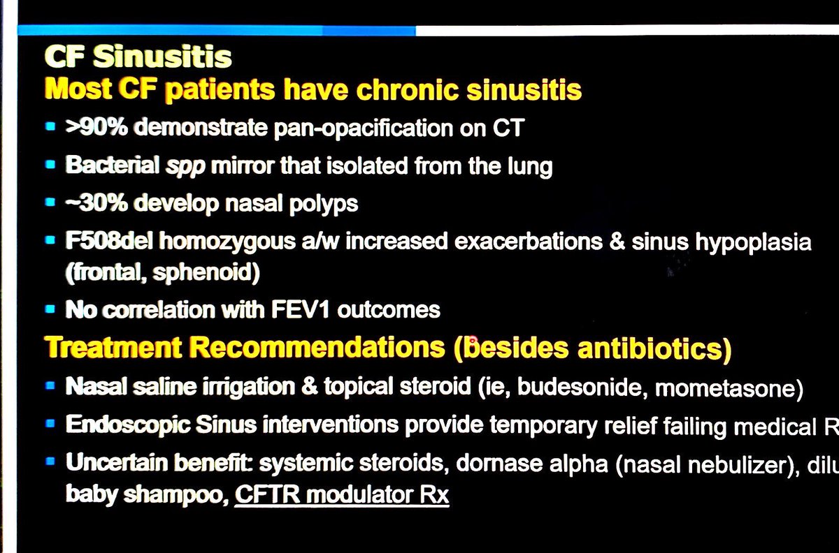 CF sinusitis is very common! Treatment recommendations include nasal saline irrigation and topical steroids. Endoscopic interventions provide temporary relief.  #CHEST2020