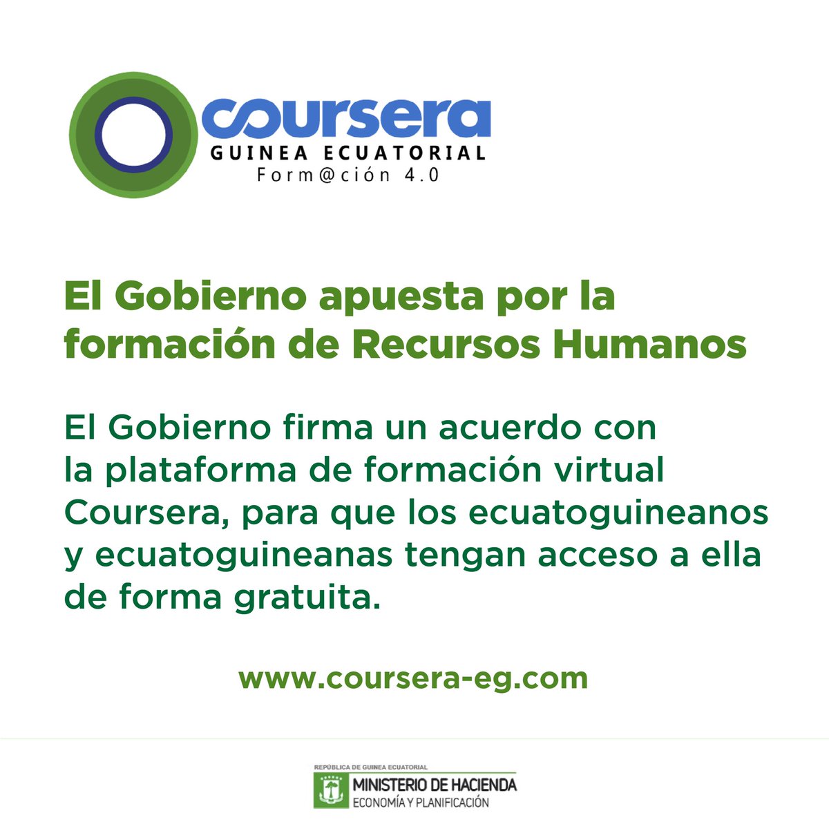 El Gobierno ha firmado un acuerdo con la plataforma de formación virtual Coursera, para que los ecuatoguineanos tengan acceso a ella de forma gratuita. <a href="/CourseraEg/">coursera GE2035</a> Más en 👉  bit.ly/2SHD7mY #educacion #juntosavanzamos2035 #TICs #digitalizacion <a href="/AACAPITAL19/">A&A CAPITAL</a> <a href="/SDGoals/">#SDGs</a>