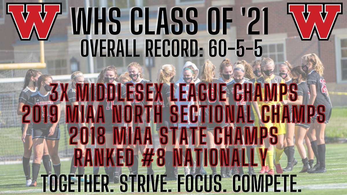❤️The Class of 2021 is one of the most accomplished in the history of Winchester Soccer. With no gatherings expected in the coming months &amp; a limited Senior Day on Saturday, we will laud team achievements here as well as recognize each player with a graphic. 

Friday, we focus!!