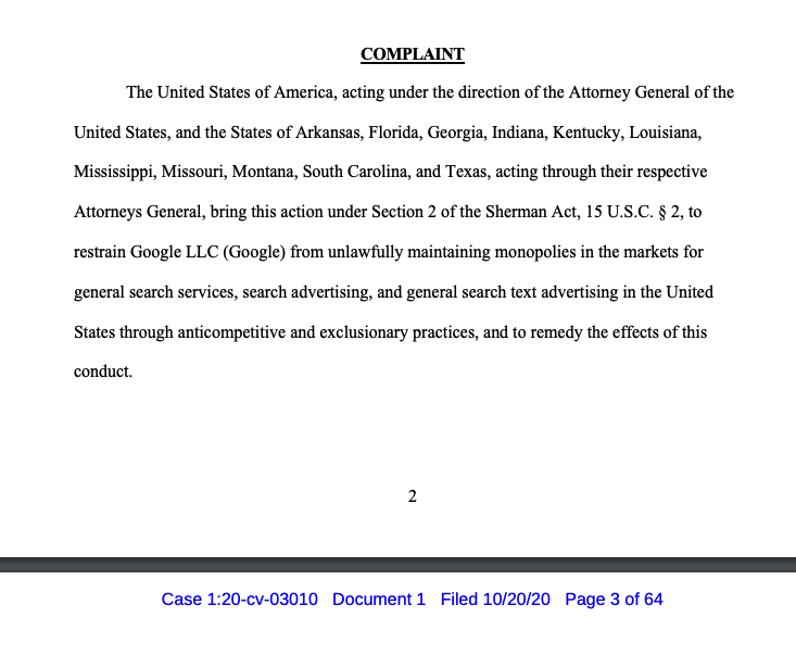 DOJ's antitrust suit against Google has been filed in federal court in DC, here's the complaint: https://t.co/NQL8XhHInA https://t.co/pFeiOoRFzE