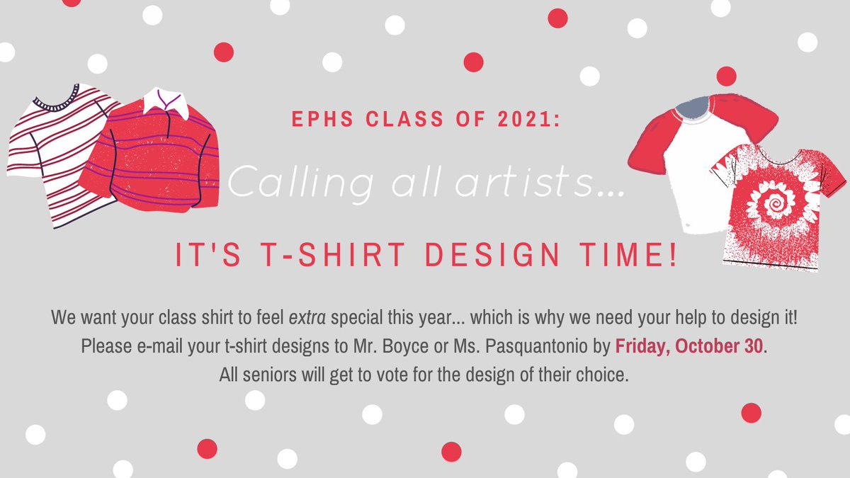 EPHS Class of 2021 (@2021ephs) on Twitter photo 🔴⚪Townie Seniors! 👕 T-shirt design submissions are open until Friday, 10/30 <a href="/EProvhighschool/">East Providence High School</a> ⚪🔴 🔴⚪Townie Seniors! 👕 T-shirt design submissions are open until Friday, 10/30 <a href="/EProvhighschool/">East Providence High School</a> ⚪🔴