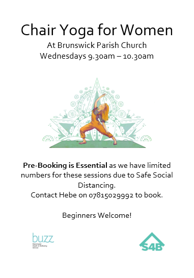 Chair Yoga for Women at Brunswick Parish Church Wednesdays 9.30am – 10.30am Pre-Booking is Essential - Contact Hebe on 07815029992 to book. Beginners Welcome! #Yoga #Manchester #Brunswick #GetInvolved #GetActive #JoinIn #Community @MCCArdwick @brunswickmcr @BrunswickEstate