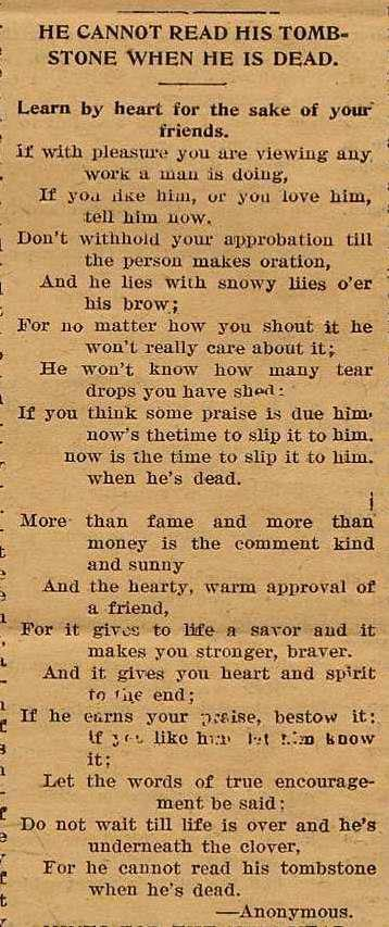 Here's a poem that was printed in a local news periodical, #OTD, 101 years ago. It words and sentiment are still relevant today! It was in the "County School News" of Fremont, Ohio. #KindnessMatters  #friendship #Praise #ClydeOhio #BeNice #bekindtoeachother