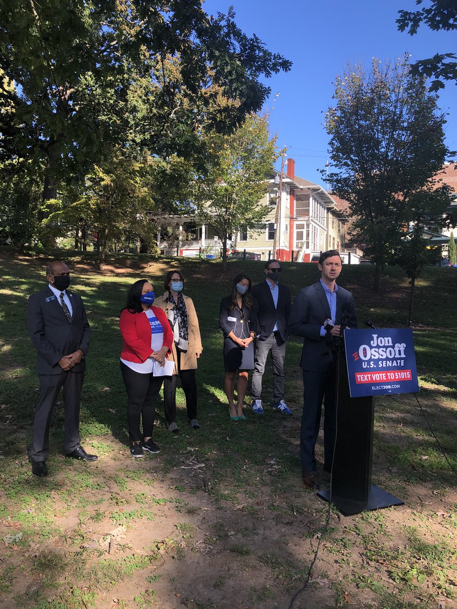 bluestein's tweet image. Democratic Senate candidate Jon @Ossoff in ATL this morning: “David Perdue has resorted to schoolyard insults, bullying, mocking his political opponents for their names and their heritage — at a moment when we need unity.” #gapol #gasen