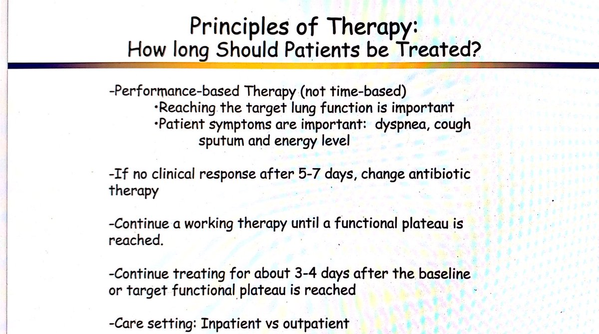 How long to treat? Consider performance-based therapy rather than time-based. Treat with the goal of reaching target lung function and improvement in patient symptoms.  #CHEST2020