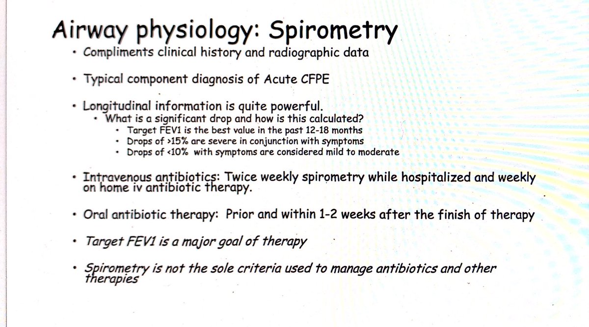 Monitoring lung function with spirometry. It is so important to monitor FEV1 and treat accordingly, both routinely and during exacerbations. FEV1 is not the only criteria in pulmonary exacerbations - symptoms are important and these patients know their bodies!  #CHEST2020