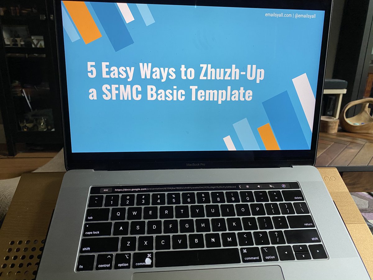 Check out the title slide for the webinar I'll be giving tomorrow, Wednesday Oct 20 at 10am Eastern. 5 Easy Ways to Zhuzh-Up a SFMC Basic Template.  Register now to save your spot!  sforce.co/3iZpcmB #emailgeeks #sfmc #emailmarketing #email #emails