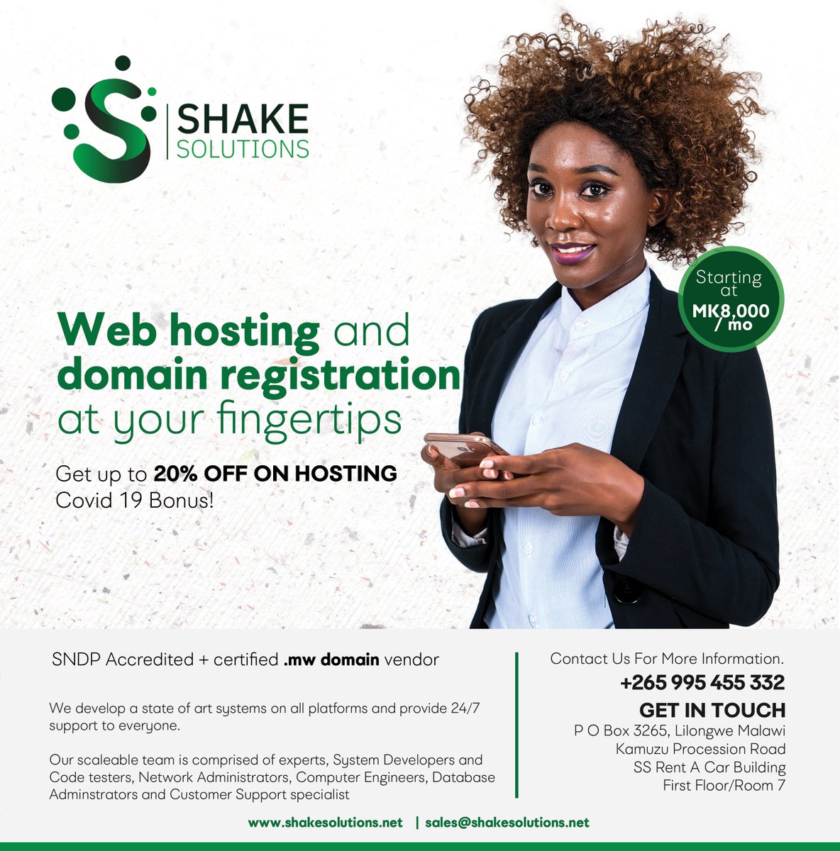 Host your website with us today and get a 20% discount on our hosting packages. Don't let Covid19 slow down your business. Get a package of your choice at a lower price and get a bonus of 24/7 online support. #Webhosting #Discount #Malawi #Shakeitup #Digitalmarket #Bonus https://t.co/4SQMqjhujp