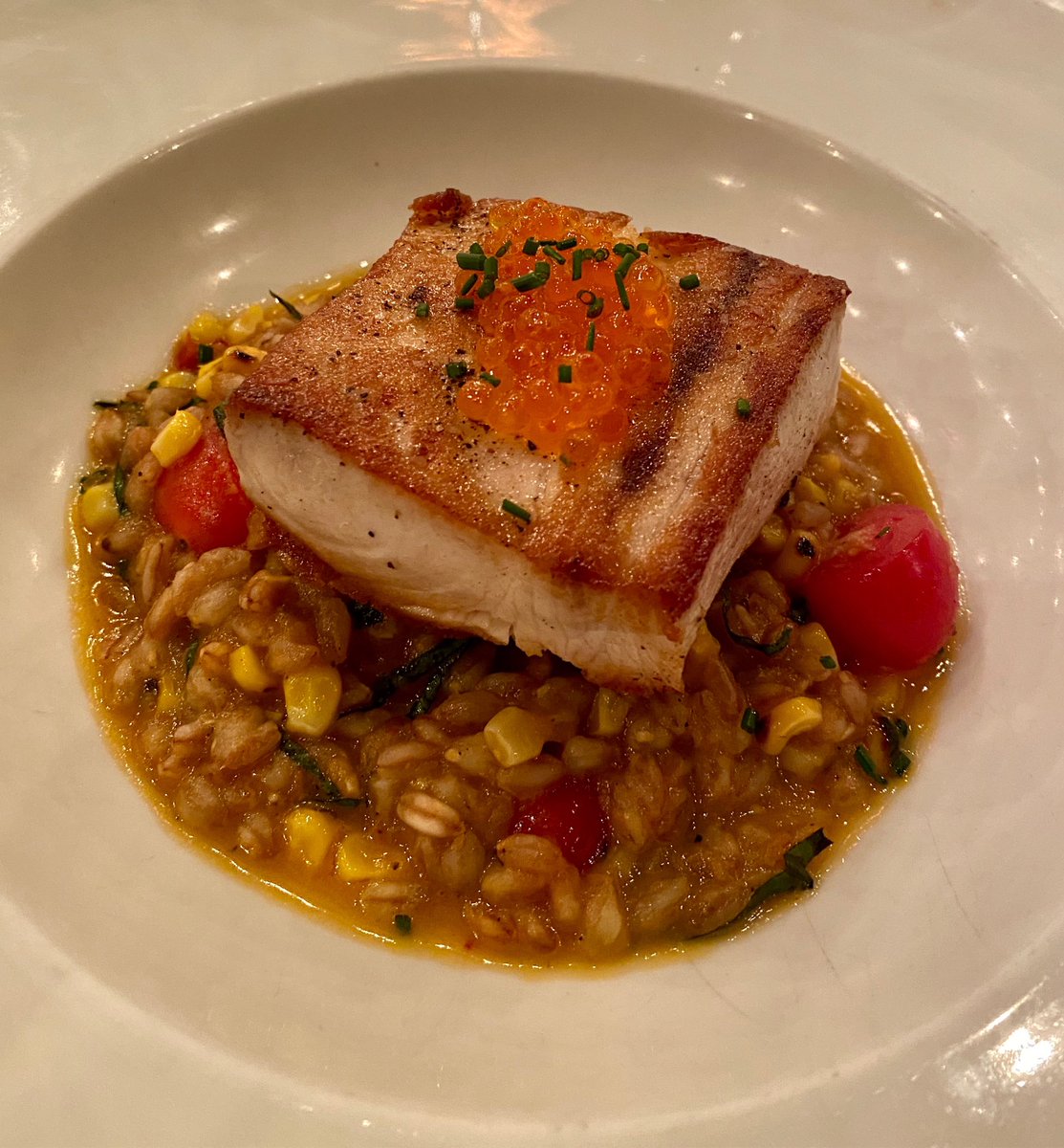 Holy hamachi!! Today’s pro tip: get the Pesce... Pan roasted hamachi with trout roe, farro, sweet corn, basil, &amp; calabrian chile. Book your seat at OsteriaLanghe.com 🐠