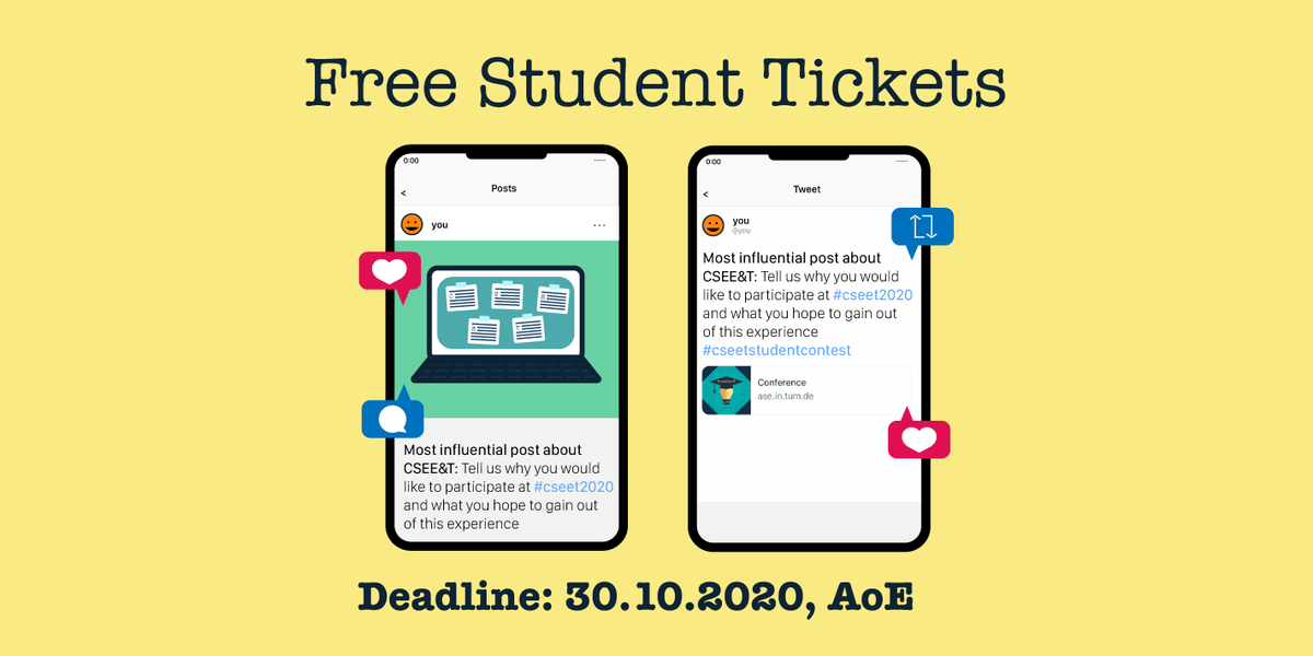 CSEETconf's tweet image. ❗️Attention students❗️
We are giving out a few free tickets to interested students.
Enter until October 30th: tag @cseetconf & use #cseet2020, and #cseetstudentcontest & tell us why you would like to attend CSEE&T 2020. Top posts with the most likes/retweets win!
