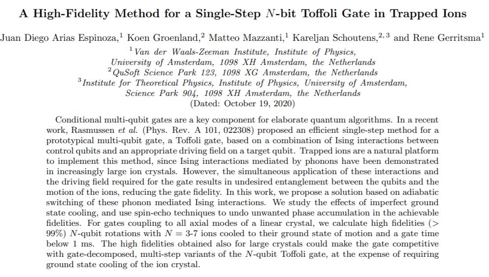 The Toffoli gate is key to many #QuantumAlgorithms in #QuantumComputing. 

Espinoza et al. propose a native implementation of this gate in 1 step using #TrappedIons compared to many steps in other platforms, helping fidelity for this gate.

arxiv.org/pdf/2010.08490…