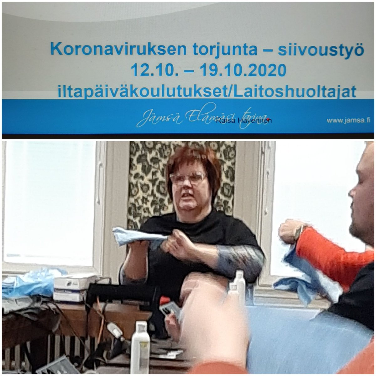 RaisaHaverinen's tweet photo. #Jämsä 'n Aterian laitoshuoltajien pienryhmäkoulutukset tällä erää päätöksessään. Pintojen hygieeninen lopputulos taataan asiakaskohteissamme mm. mikrokuitupyyhkeen oikeaoppisella taittelutekniikalla #puhtausala #ammattiylpeys #ammattimaisuus https://t.co/Gt46e1hFoJ