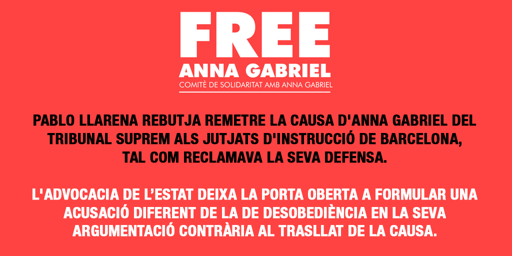 freeannagabriel's tweet photo. Comunicat amb relació a la situació d'Anna Gabriel Sabaté

Pablo Llarena rebutja remetre la causa d'Anna Gabriel del Tribunal Suprem als Jutjats d'Instrucció de Barcelona, tal com reclamava la seva defensa. 

👉 https://t.co/70jBS2KFFm

#FreeAnnaGabriel #FreeThemAll https://t.co/CLX11OHDuv
