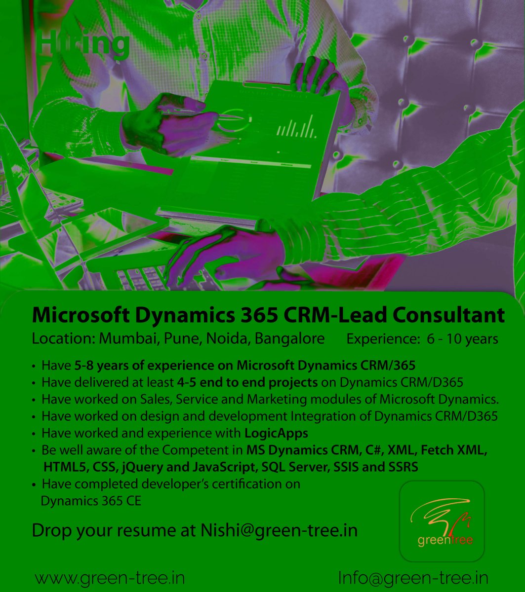 #WeareHiring
Microsoft Dynamics 365 CRM-Lead Consultant
Follow #Greentree for daily Job updates!
#CRM #erp #microsoftazure #microsoftdynamics #crmsoftware #crmintegration #crmsystem #salesforce #salesforcecrm #crmsolutions #crmjobs #dynamics365 #dynamics365crm https://t.co/76PYvypqjB