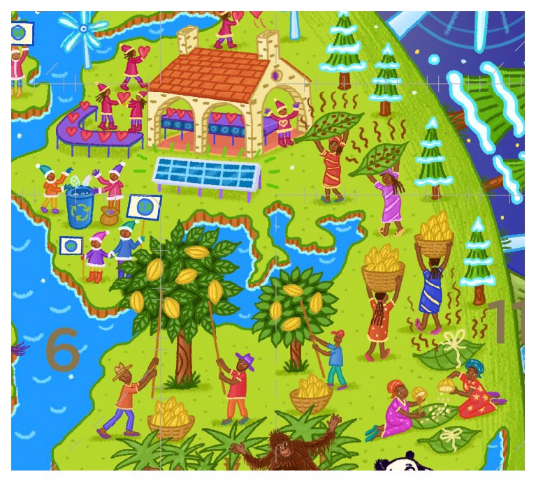 Good morning, Here is my colour #illustration for this years Divine Chocolate Fairtrade Advent Calendar plus some details. This is my 13th illustration for the Divine Advent Calendars.🎄🌍<a href="/divinechocolate/">Divine Chocolate</a> <a href="/DivineChocUSA/">Divine Chocolate USA</a>  #ClimateChange #fairtrade #Sustainability #ClimateAction