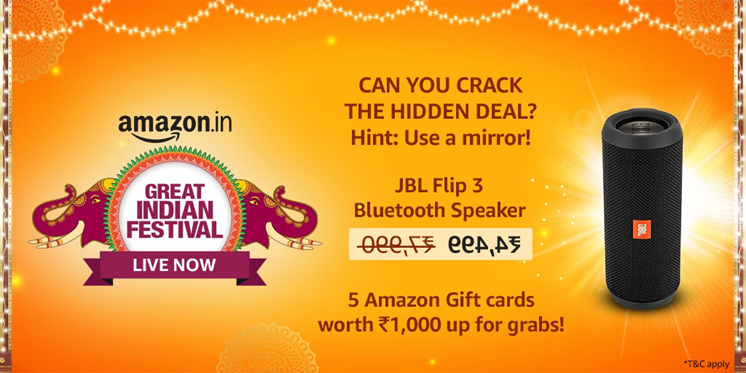 amazonIN's tweet photo. Reveal the deal in the comments below with #AmazonGreatIndianFestival for a chance to win!*
5 Amazon Gift Cards, each worth INR 1000/- are up for grabs. 
Don’t forget to follow &amp; tag us @amazonIN !
T&amp;C Apply:  https://t.co/kj4lS43KRC
#ContestAlert https://t.co/eUAeFQVYaO