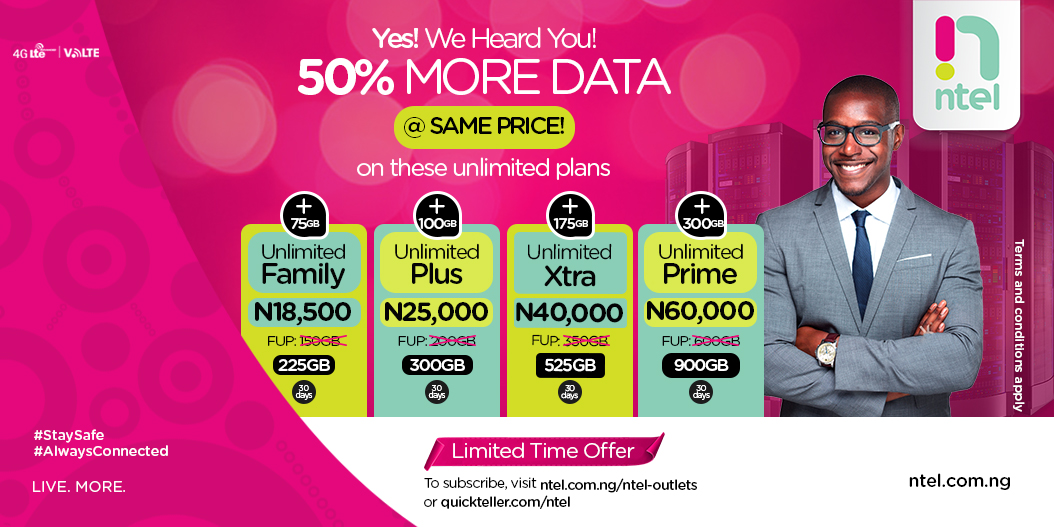 ntelng's tweet image. Get 50% Unlimited data bonus monthly, at the same price.
Recharge now to enjoy this offer.
To Subscribe, click bit.ly/3lG1FsS 

#Unlimited
#LiveMore