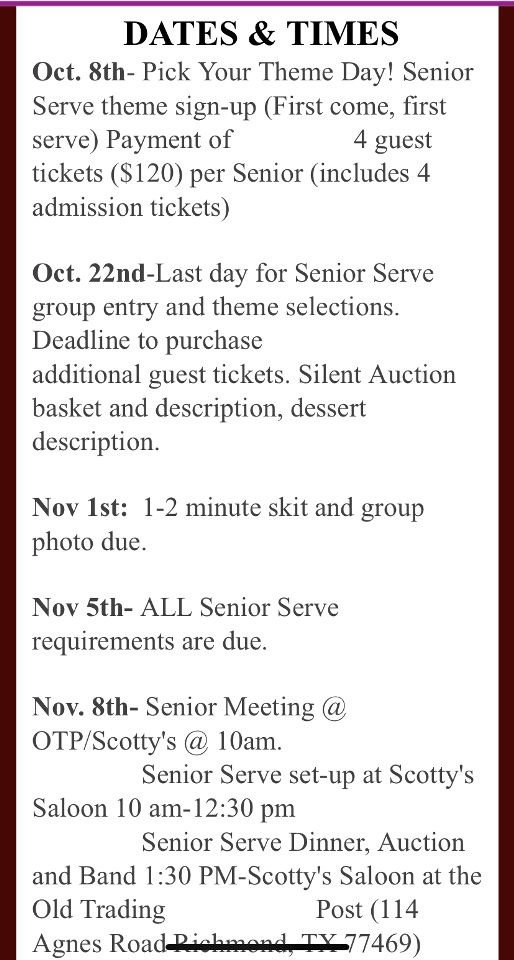 2021GRHSProGrad's tweet image. Senior Serve Reminder!
Oct 22- last day for group entry and theme selection! Future deadlines 🔻
