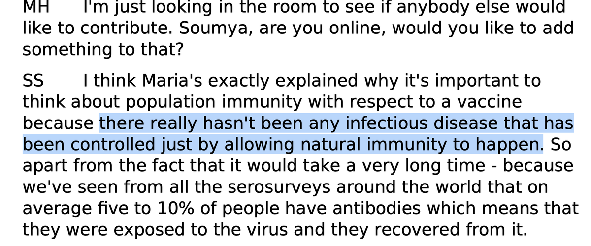 daraobriain's tweet photo. This is interesting, from a WHO press conference in August, (Dr Dr Soumya Swaminathan speaking). So, learned people on twitter (and , please, just the learned people!) do we have any example of an infectious disease that achieved herd immunity WITHOUT a vaccine? https://t.co/YZjiUNpEmu