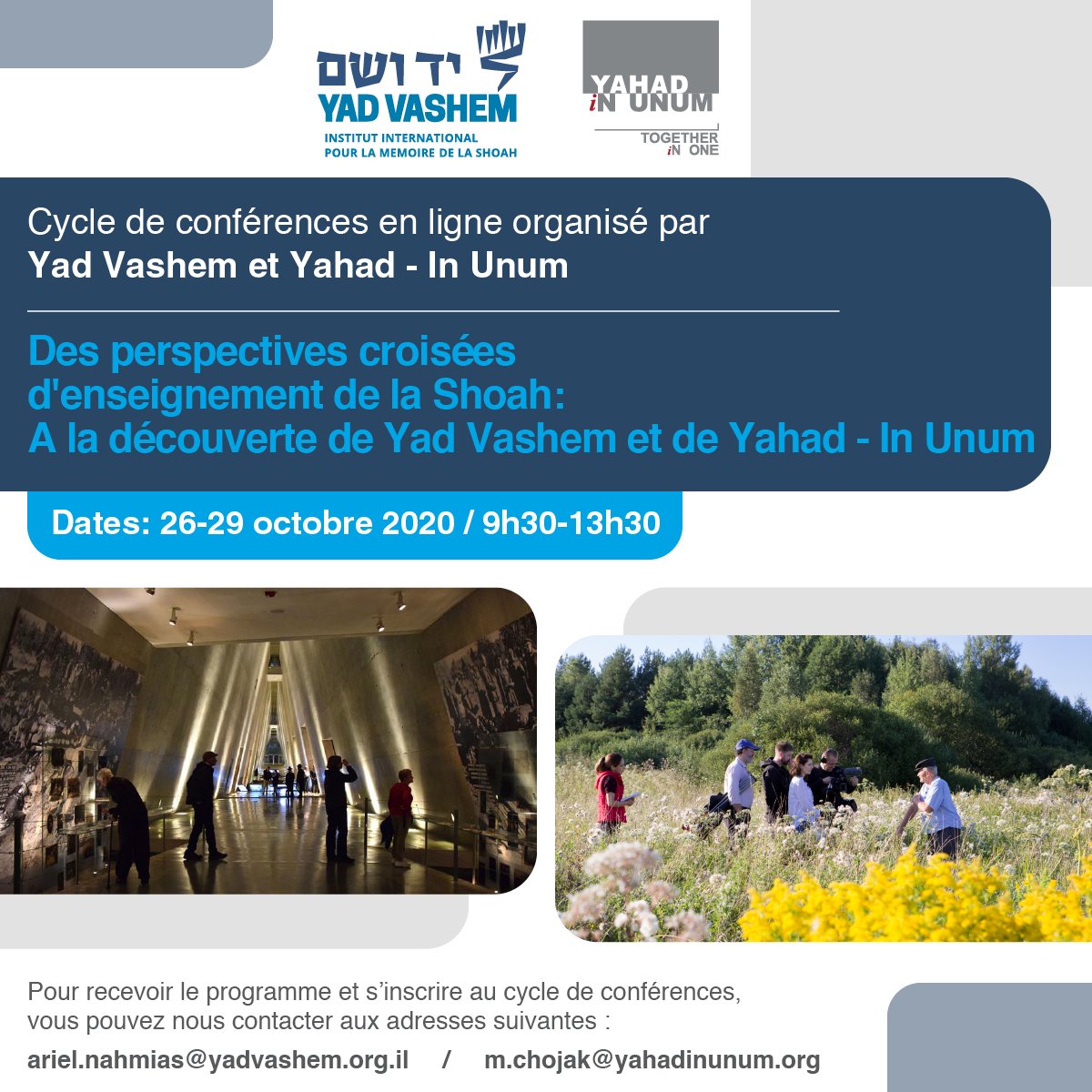 yahadinunum's tweet image. Il reste des dernières places pour le cycle de conférences en ligne organisé par @yadvashem et Yahad intitulée: "Des perspectives croisées d'enseignement de la Shoah: A la découverte de Yad Vashem et de Yahad - In Unum." 

Dates: 26-29 octobre 2020

9h30-13h30

#BeyondMemory