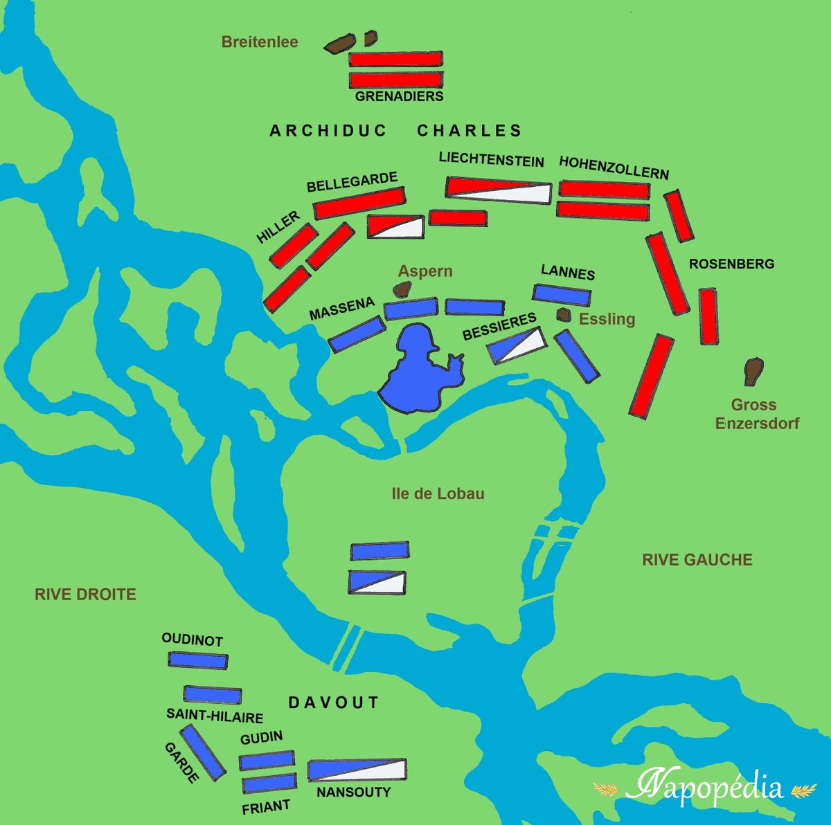 Le 22 mai, Napoléon tentera de franchir le Danube pour aller affronter les Autrichiens dans les villages d'Aspern et Essling. Mais les ponts jetés sur le fleuve seront détruits pendant l'attaque, rendant les renforts impossibles.