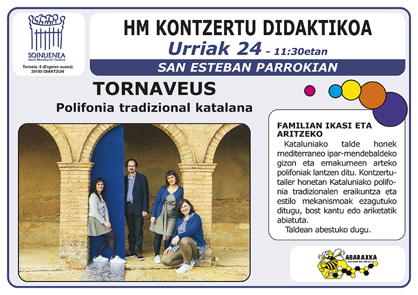 🪗KONTZERTU DIDAKTIKOA🪗
📆Urriak 24, larunbata
🕐11:30
🏛️Doneztebe eliza
🗣️<a href="/Tornaveus/">Tornaveus</a> polifonia tradizional katalana. Familian ikasi eta elkarrekin kantuan aritzeko.

<a href="/abaraxka/">Abaraxka</a> eta <a href="/soinuenea/">Soinuenea Fundazioa</a>-Herri Musikaren Txokoak elkarrekin antolatutako ekimena.