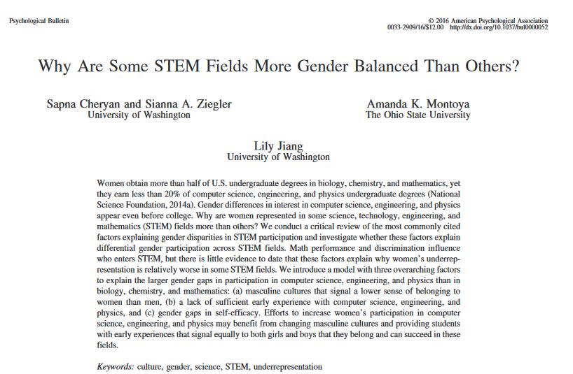 “Why are some STEM fields more gender balanced than others?”, by Sapna Cheryan, Sianna A. Ziegler, Amanda K. Montoya, and Lily Jiang https://www.genderportal.eu/resources/why-are-some-stem-fields-more-gender-balanced-others#overlay-context=resources