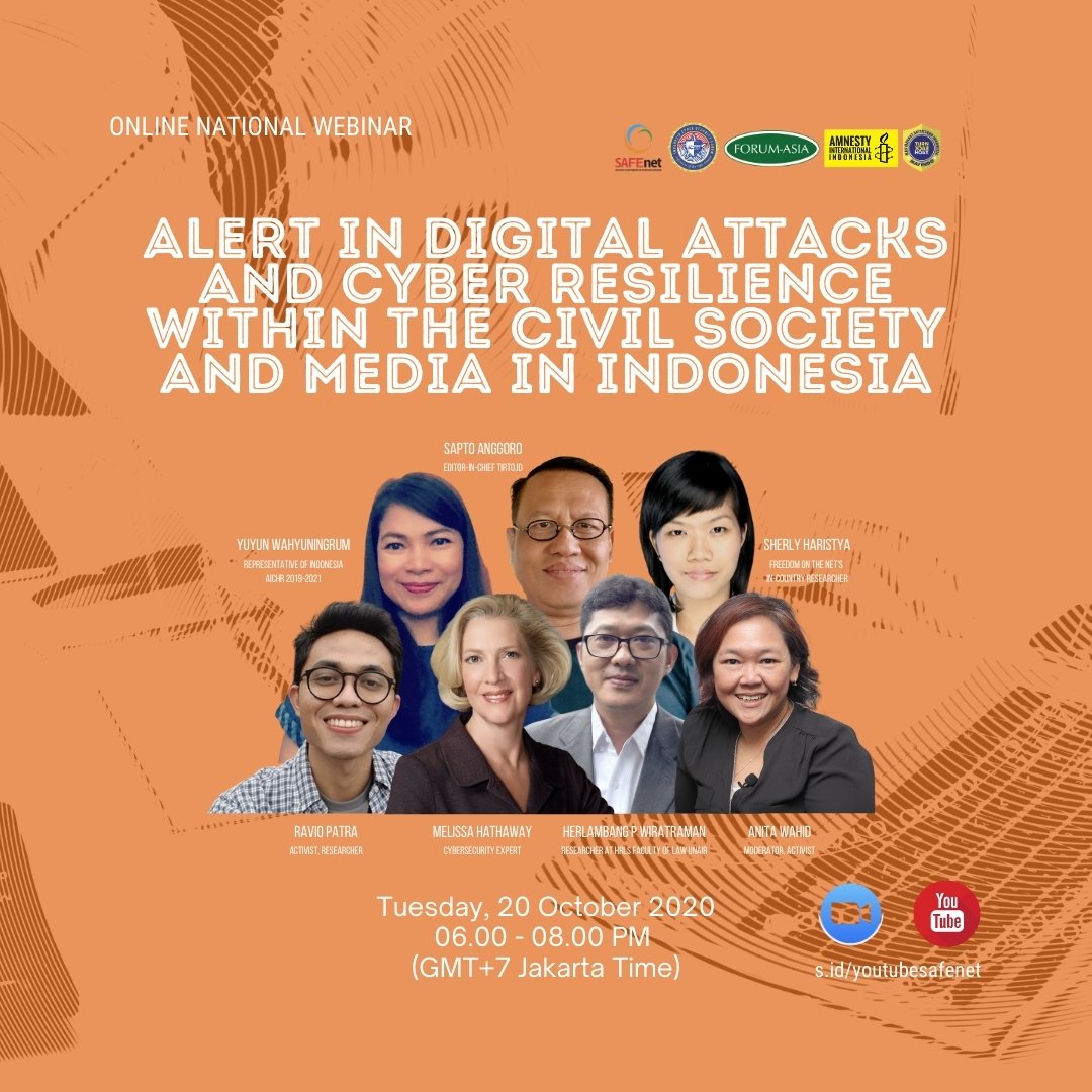 [BREAKING] Webinar 'Alert in Digital Attacks and Cyber Resilience within the Civil Society and Media in Indonesia' telah dimulai.  @safenetvoice  @forum_asia Indonesia Cyber Security Forum (ICSF)  @amnestyindo .Simak di 