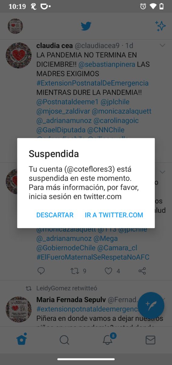 Postnataldeeme1's tweet photo. Porque nos quieren callar?? están bloqueando las cuentas de las mamás😧😡exigimos #ExtensionPostnatalDeEmergencia es urgente! La pandemia no esta controlada todavía!!
#ElFueroMaternalSeRespetaNoAFC  
@GaelDiputada @carolinagoic @_adrianamunoz @sebastianpinera @RPerinatal @TVN https://t.co/VIQMDc6WEg