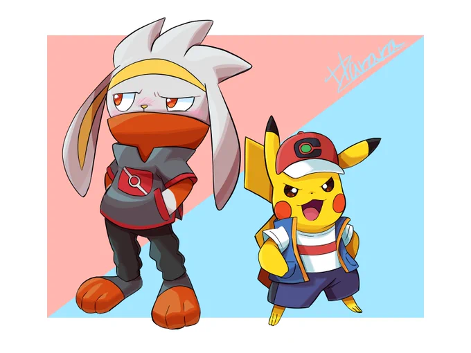 トレーナーの真似っ子をするピカチュウとラビフット 