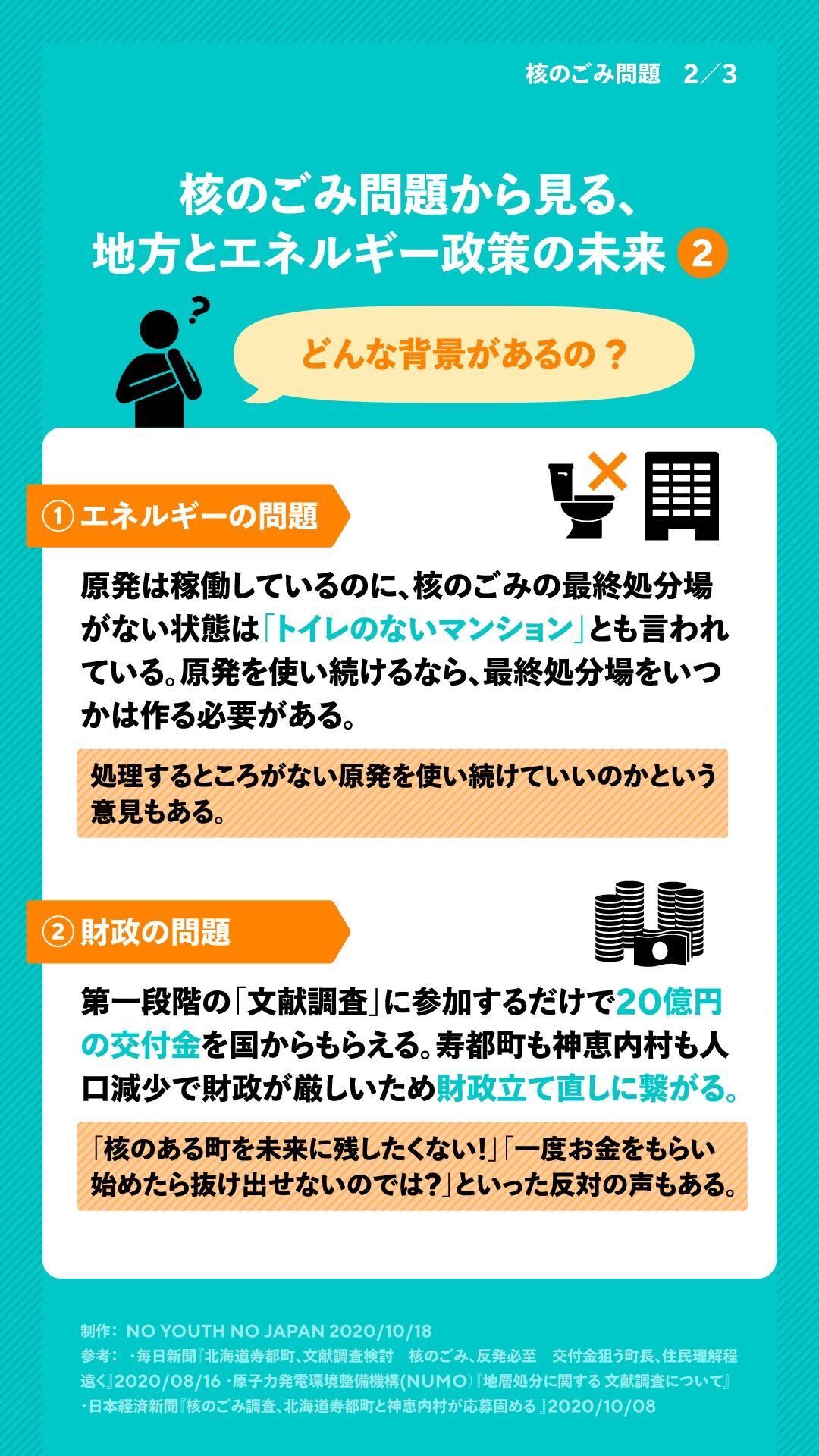 No Youth No Japan 核のごみ問題から見る 地方とエネルギー政策の未来 北海道にある2つの町村が 核のごみの最終処分場選定に向け 文献調査 に応募しています 文献調査って何をするの トイレのないマンション ってどういうこと
