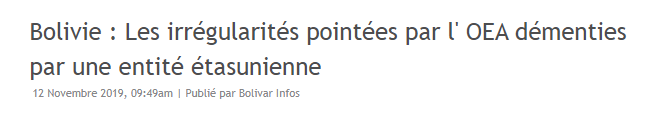 12/11/2019 Le rapport du CEPR (Center for Economic and Policy Research) qui a son siège à Washington  @ceprdc, NE trouve AUCUNE PREUVE DE FRAUDE DANS LES ELECTIONS BOLIVIENNES CONTRAIREMENTAUX AFFIRMATIONS DE l'OEA  http://bolivarinfos.over-blog.com/2019/11/bolivie-les-irregularites-pointees-par-l-oea-dementies-par-une-entite-etasunienne.html